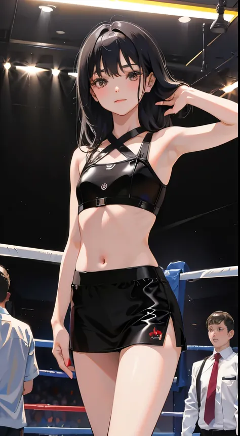 (short cute girl，small young student，young delicate girl）,（masterpiece，Top quality)，boxing，long black hair