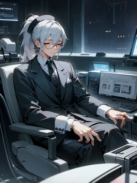 （muste piece）（High definition）20s male android、alone、gray hair、ponytail、hat、Tuxedo、tie、wears round rimless glasses、close your eyes quietly、sitting in a mechanical chair（connected by multiple cables）、background（An electronic world that feels like science fi...