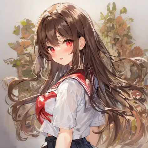 masterpiece, highest quality,figure,sailor suit,slanted eyes,straight hair,brown hair,side part,super dense skin,calf white socks,beautiful and fine eyes,blush,short sleeve shirt,red eyes,Happy,Entrance Ceremony