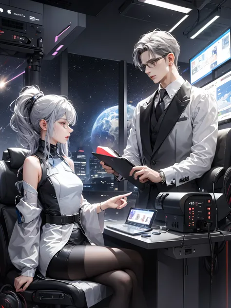 （muste piece）（High definition）20s male android、gray hair、ponytail、hat、Tuxedo、tie、wears round rimless glasses、sitting with both eyes closed、Connected to the machine with multiple cables（charging）、The butt is the connecting part、background（An electronic worl...