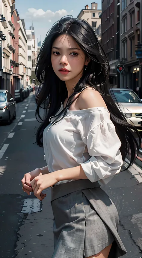 (Masterpiece), dressed, (8K Raw Photography), (photo realistic:1.4), (hyper realistic:1.4), (realistic:1.3), (smoother lighting:1.05), (increase cinematic lighting quality:0.9), 32K, Ultra Detailed, 1girl, long hair, black hair, eye focus, city background,...