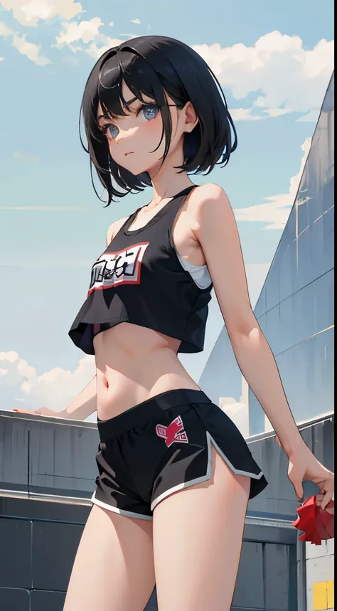 (short cute girl，small young student，young delicate girl）,（masterpiece，Top quality)，Crop Top Look，cheerleader，shorts，long black hair