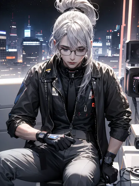 （muste piece）（High definition）20s male android、gray hair、ponytail、hat、Tuxedo、tie、wears round rimless glasses、sitting with both eyes closed、Connected to the machine with multiple cables（charging）、The butt is the connecting part、background（An electronic worl...