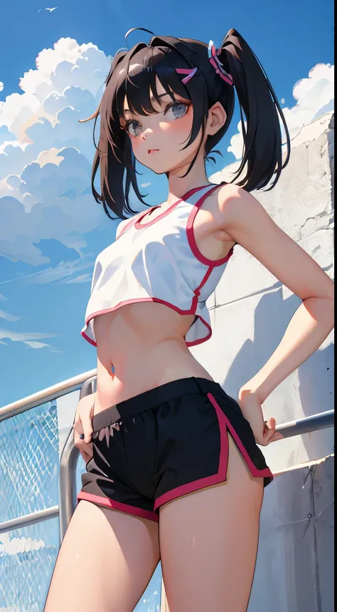 (short cute girl，small young student，young delicate girl）,（masterpiece，Top quality)，Crop Top Look，cheerleader，shorts，long black hair twin tails