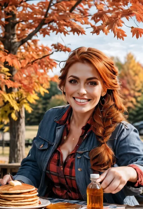 (full shot: 1.3), a beautiful 40-year old woman sitting outside under a autumn maple tree, at a picnic table, eating a stack of pancakes with maple syrup, syryp bottle on the table. She has brownish-red hair, hair made into a loose braid, (dark eyebrows:0....