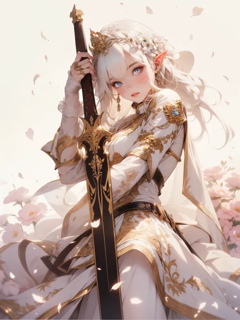 ((8k wallpaper of extremely detailed CG unit, masterpiece, hight resolution, top-quality, top-qualityのリアルテクスチャスキン)), (very beautiful and attractive elf queen), The elf queen, with an air of determination, draws her sword in a simple yet elegant setting ad...