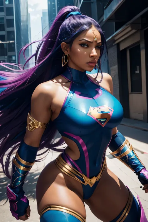 (highres:1.2),realistic,Nicki Minaj as a random super hero,captivating pose,powerful stance,vibrant colors,extraordinary details,long flowing hair flowing in the wind,detailed costume with intricate patterns,gold accents that shine in the sunlight,sparklin...