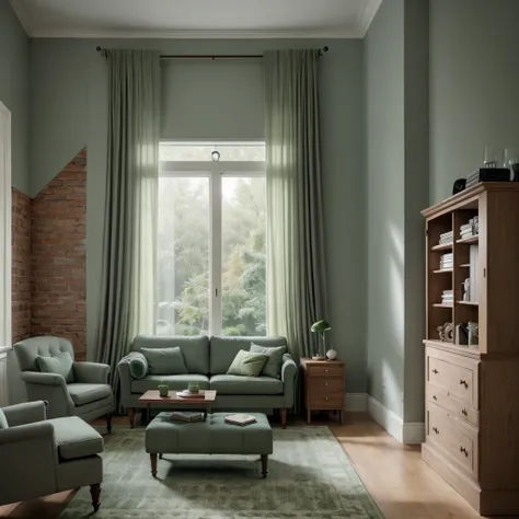 A small living room in a modern style, subdued grays and greens, a wall of 19th-century bricks, a chest of drawers, a wardrobe. The room has a matte green sofa, a coffee table with chairs, a large window, a curtain, a carpet and a clock on the wall. photor...