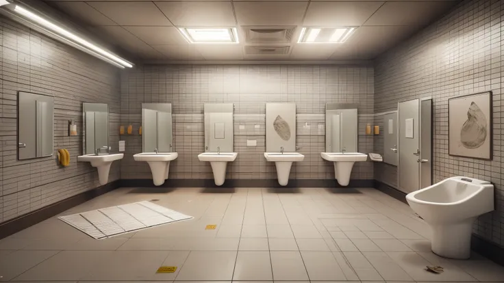 Create a realistic digital image depicting a public toilet scene. Start by sketching the basic outline of the restroom structure, including walls, doors, and a roof. Add fixtures commonly found in a public restroom, such as toilets, urinals, sinks, and han...