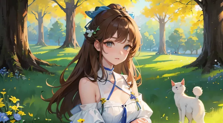 A quiet anime-style girl with long hair, Flowing brown hair decorated with dark blue ribbons and white flowers, lying on a green meadow. she looks calm, stare at the viewer, The sunlight gives a warm glow to her face. The meadow is dotted with wild flowers...