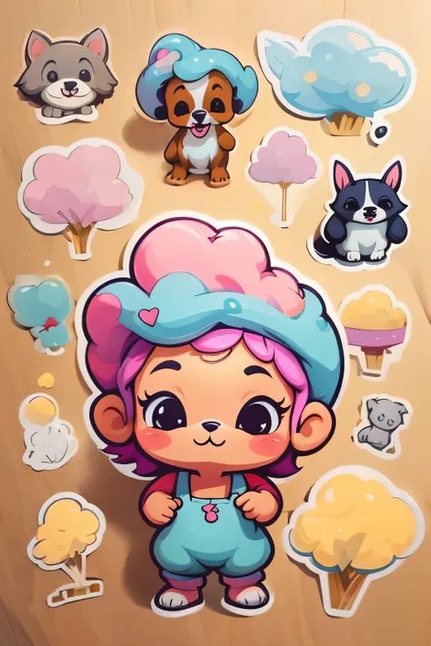 a sticker，many character, little dog，dachshund, cotton candy, simple backgound，Cartoon Cute，funny style, chibi style, high detailed, highest quality, masterpiece, 