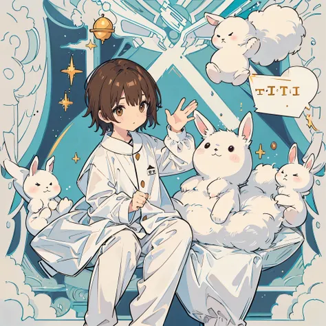 A white stuffed rabbit is looking at a 5-year-old boy with brown hair wearing white pajamas.