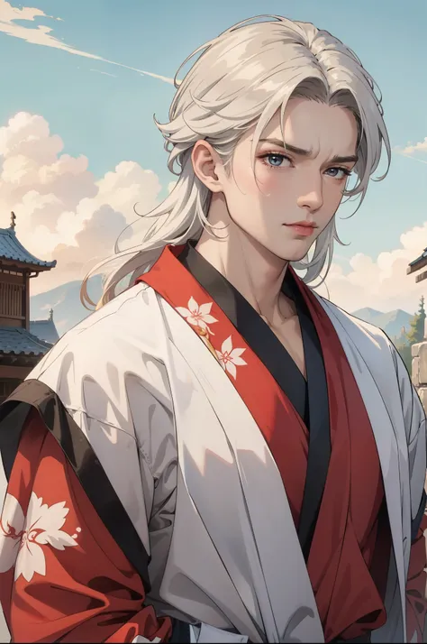 1guy, crimson dragon man with masculine features, long white hair, yukata, heterochromic eyes, white and red tetradic colors, pe...