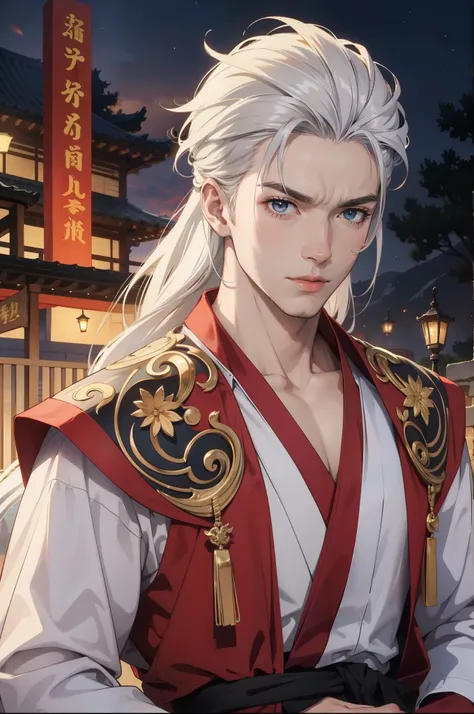  1guy, crimson dragon man with masculine features, long white hair, yukata, heterochromic eyes, white and red tetradic colors, perfect anatomy, 8k resolution, (Single person), masterpiece, perfectly drawn face, intricate details, castle detailed background...