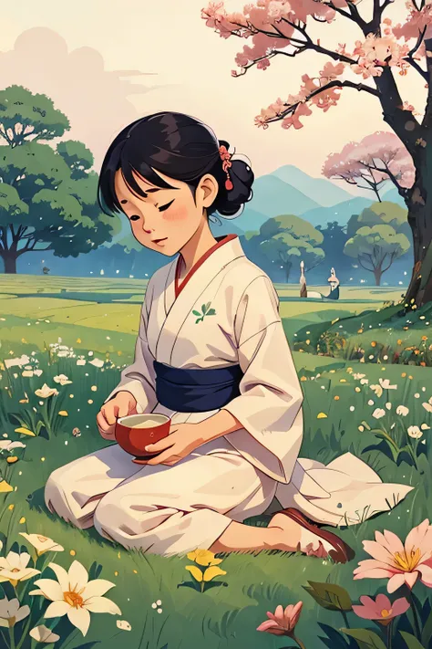 Fairy tale illustration by Reiko Ikemura, pixabay, simple art, full color illustration, cute fairy tale illustration, picture book illustration, illustration, girl picking tea in the style of Hayao Miyazaki, in the field, kimono, kimono  