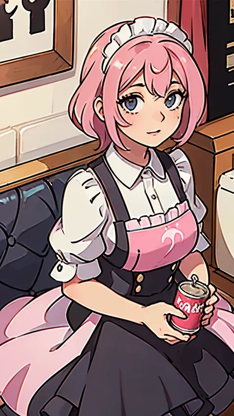 Maid with pink hair holding a soda can