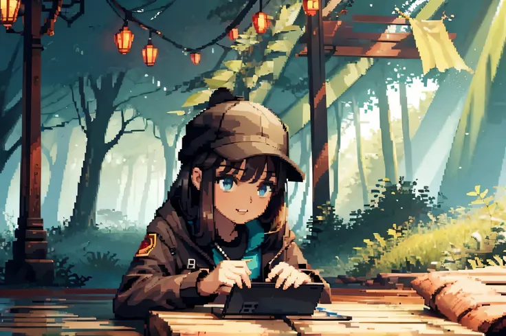 Girl watching news on smartphone in the forest,Display a virtual screen in front of you,Big forest,fantasy