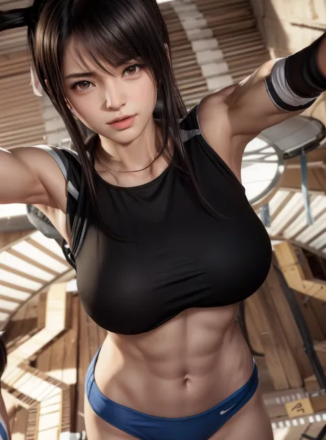 There is a woman wearing a track and field uniform taking a photo., Perfect body with realistic shading, Tifa lockhart, muscle sweat lara croft, photorealistic perfect body, realistic 3d animation, Chun-Li at the gym, Tifa, makoto shinka, surreal , charact...