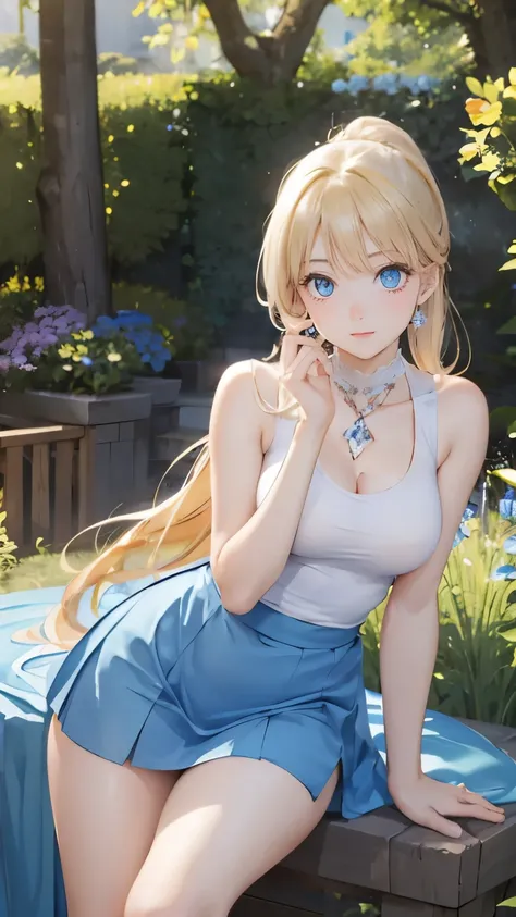 (masterpiece:1.2), (highest quality:1.2),, Curvy but slender body, perfect eyes, perfect face, perfect lighting, 1 girl, in the garden, （feet visible），（mini skirt），（Tank top），（cute gesture），（smile），（ponytail），curly hair, Fine clothes, Detailed outdoor back...