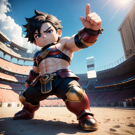 best quality, (chibi, super deformed, full body, 3D), strong handsome warrior raises his right hand to the sky in the arena.