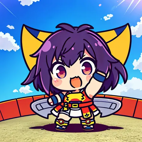 best quality, (chibi, super deformed, full body, 3D), strong handsome warrior raises his right hand to the sky in the arena.