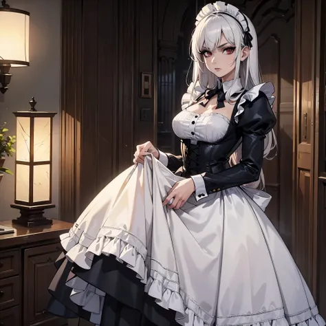 Female vampire, has white/silver hair, has red eyes, masterpiece, perfect eyes, pale skin, wearing Victorian Maid dress, portrait, Gothic boots, stockings, Gothic vampire aesthetic, Standing straight, calm expression, solo, alone, (SOLO)(ALONE)