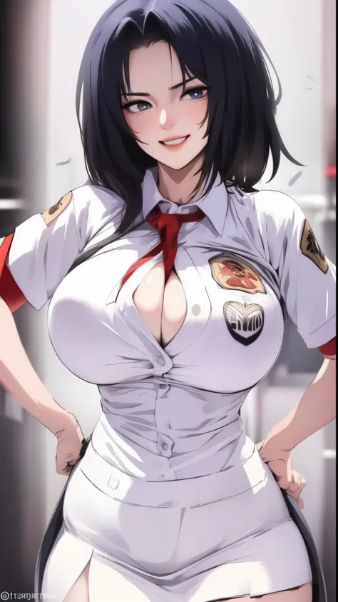 mature woman, amazing lineart, {{{huge breasts}}}, {{tight buttons}},  {{cleavage}}, {{{boob window}}}, {{{Ultra quality}}}, anime screencap, {{{highres}}}, {{{Masterpiece}}}, {{{official art}}}, {{{original}}}, {{{expressive eyes}}}, {{{high detail}}}, {{...