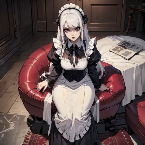 Female vampire, has white/silver hair, has red eyes, masterpiece, perfect eyes, pale skin, wearing Victorian Maid dress, portrait, Gothic boots, stockings, Gothic vampire aesthetic, calm expression, solo, alone, (SOLO)(ALONE)