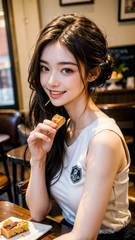 highest quality, masterpiece, ultra high resolution, (realistic:1.4), (portrait facing each other) RAW photo, 1 girl, 22 years old,slender body,Medium chest,((winter school uniform)),((long hair chignon)),((Chatting while eating sweets at a cafe)),((lookin...