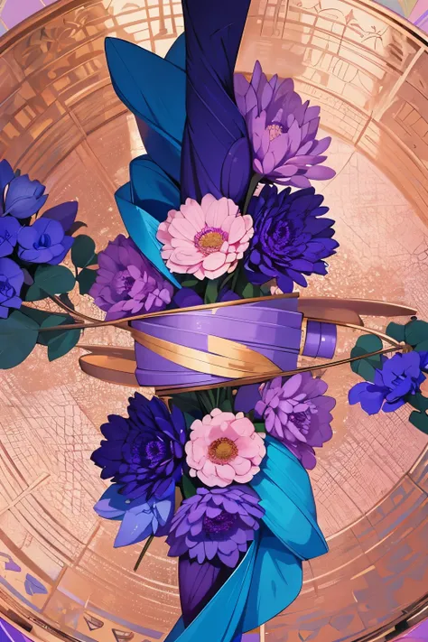 best quality, blue-purple-pink flowers in the circular golden plated grid in the center, background pastel color