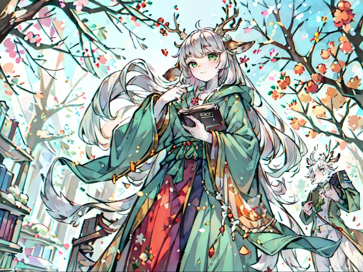 a white deer，Green eyes，antlers，Green robe，Orange trees，Tree full of oranges，plum tree，Book in hand，white hair