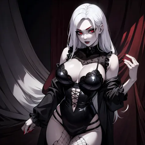 Female vampire, has white/silver hair, has red eyes, masterpiece, perfect eyes, pale skin, wearing black lacy bra and black panties, portrait, black fishnet stockings, Gothic vampire aesthetic, calm expression, sexy pose, solo, alone, (SOLO)(ALONE)