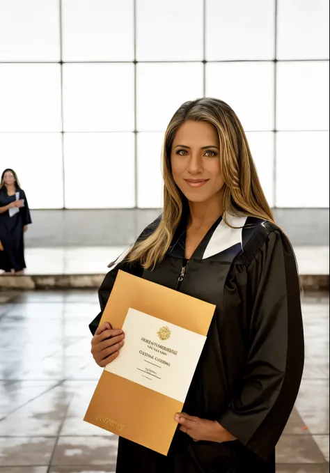 woman in graduation gown with diploma in front of flags, lorena avarez, graduation photo, fernanda suarez, adriana dxim, alani g...