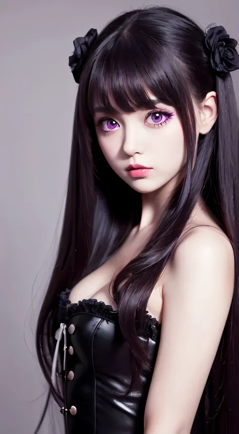 High Definition High Quality,full body portrait, Cute Gothloli Girl,Big eyes,Glossy lips,,, purple long hair
