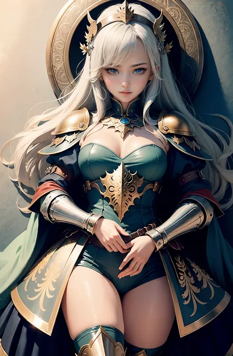 (masterpiece、highest quality、highest quality、detailedで複雑な、official art、beautiful and aesthetic:1.3)、(1 girl:1.3)、(((Enchanting eyes)))、detailed、Glossy skin、((medieval armor and helmet)) 、silver base、rainbow colored costume、Brave、(fractal art:1.3)、colorful、...