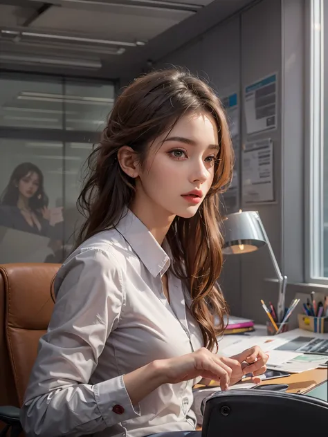 ((highest quality)),(ultra high resolution),(Super detailed),(detailed description),((best CG)),(best work of art),super precision art,great drawing art,(Art with precise details:1.5), (1 woman:1.8),(beautiful and well-shaped face:1.5),(Office Lady:1.6),(O...