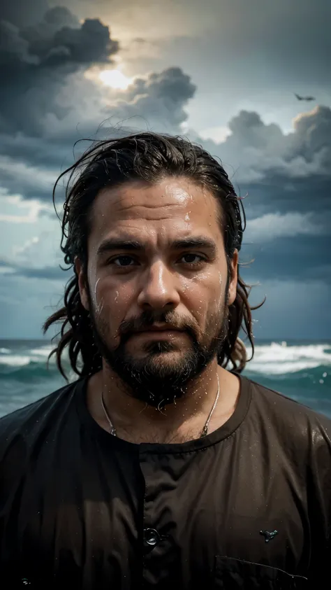 A detailed oil painting of an old sea captain, conduzindo seu navio durante uma tempestade. Salt water is splashing on your aged face, with determination in his eyes. Swirling malevolent clouds are seen above and severe waves threaten to submerge the ship ...