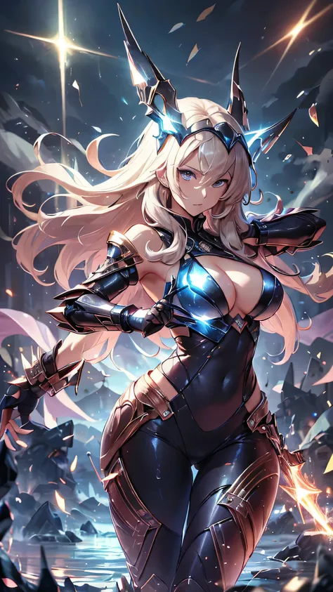 最high quality、best image quality、masterpiece、Android Girl((Robot body、20-year-old、 By becoming、vest bust、medium bust,wide open breast tea、black eye, blonde hair、long hair、thin,highest valley、glowing battle uniform、elationのある動き、Leaning forward heavily、Feeli...