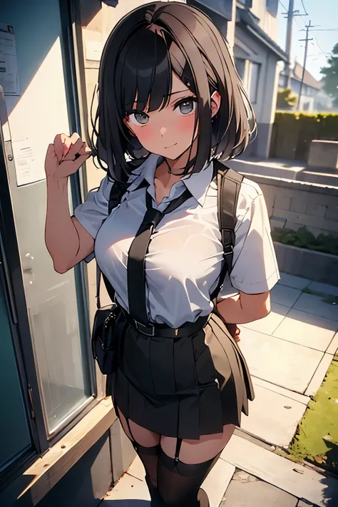 brown hair、looking at the viewer　　suspenders　　　Bulging big breasts　　 　 　　　　Black miniskirt　garter belt　knee high socks　　　　　　Gaze　　　small face　bangs 　　　　　Beauty　　hands up　　 　Gaze 　black boots 　provocation　　　one person 　　　cutter shirt　　Panty shot　hands behin...