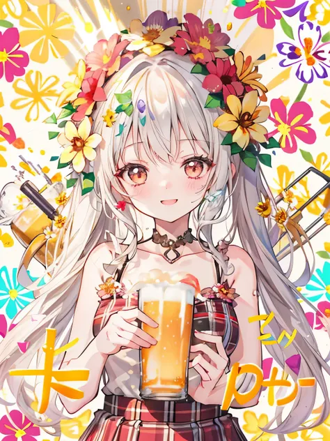 cute,girl,Stress relief,🍻,Cheers with beer🍺,(((Flower shower background:1.25))),A big smile