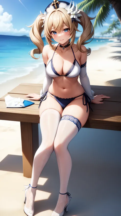 anime, beautiful face, highly detailed face, (2 accurate legs:1), blue detailed eyes, highly detailed beach background, perfect lighting, best body lighting, 1girl, solo, Barbara, genshin impact, outdoors, (beautiful blonde hair:1.2), absurdres, high res, ...