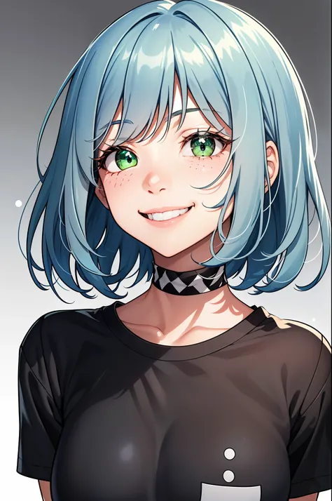 1 girl, One, Upper body,
blue hair, short hair,
gray-green eyes, long eyelashes, Thick Eyelashes, Looking at the viewer,
smile,
Black shirt, black checker white background, simple background,