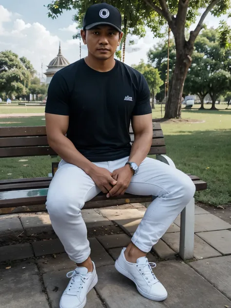 create photo-realistic of An Indonesian man, oval body shape, 40 years old. the man is wearing a snapback hat, wearing a blue and black checked shirt and a white and white t-shirt with the words "8053", wearing black jeans and white shoes. The man is sitti...