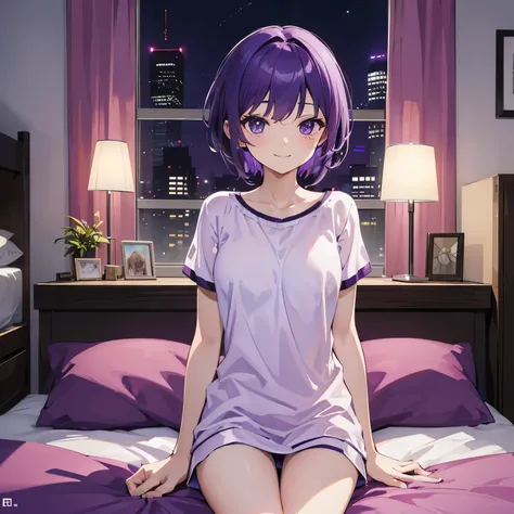 (T Masterpiece，4k wallpaper，best quality))、((girl１people))、(solo)、Brilliant，(purple hair)、(shortcut:1.3)、smile、Bedroom、night、nightwear