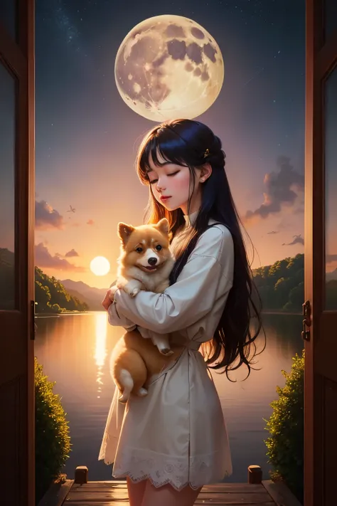 ((highest quality)), ((masterpiece)), (be familiar with), moon　lake　A woman hugging a Pomeranian　colorful illustration