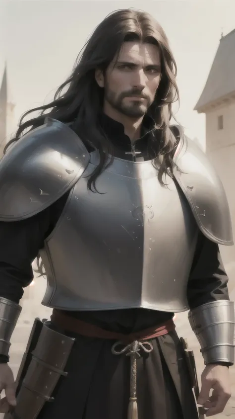 Aragorn, a 48-year-old man, married, with long curly chestnut hair, a stubble beard. He is a knight wearing white plate armor, skilled in swordsmanship. The scene is set in the medieval era, with a strong and determined gaze from Aragorn. The lighting is f...