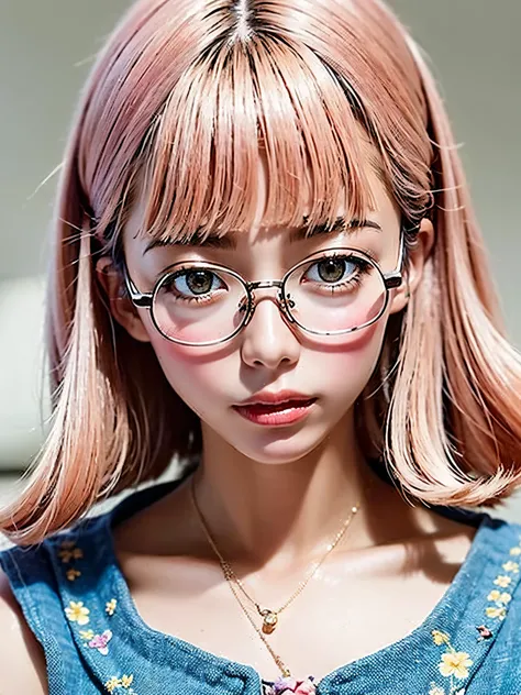 (masterpiece: 1.2, highest quality), (lit) 1 female, alone, short hair, big, (Glossy skin: 1.2), Upper body, Glasses, , wavy pink hair, pink Suspenders, show one&#39;s side, flowers bloom in my ears, harajuku style, hairpin, , Ahoge, student, neat, cute po...