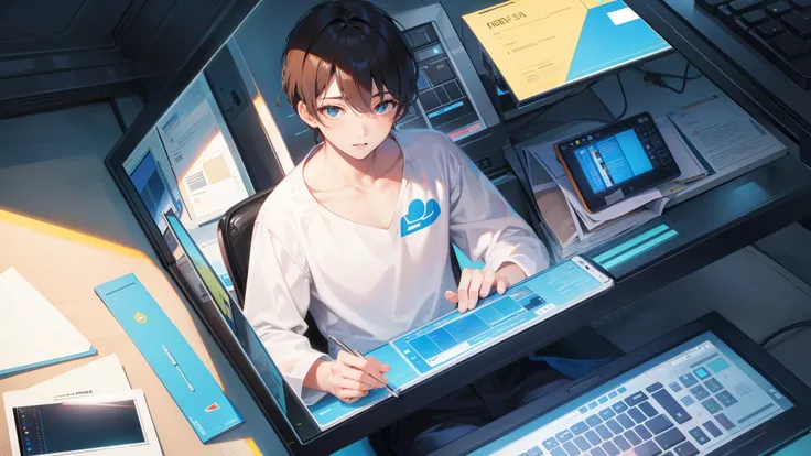 while using a computer、A beautiful boy who learns and cuts