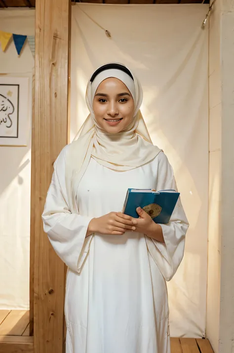 25-year-old young woman is wearing a hijab and holding a Quran in her hand, looking at the camera with a calm smiling expression in the late afternoon. The background is a white wall with colorful Ramadan banners and some lanterns, the photo is very real, ...