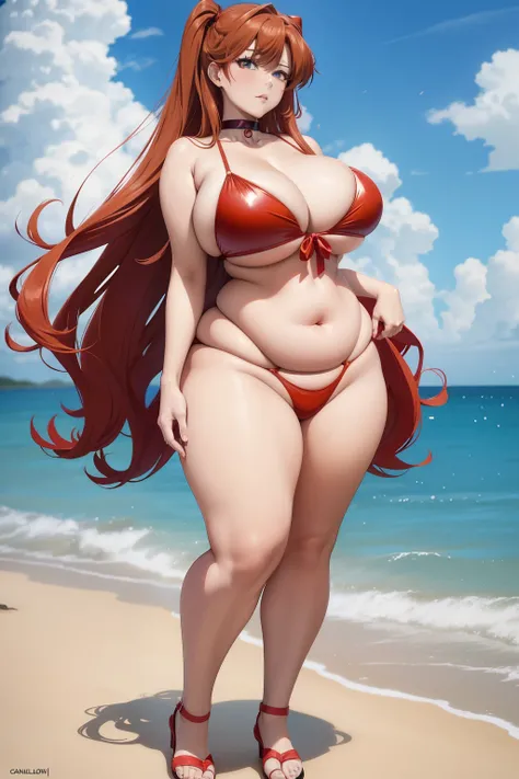 Full body portrait photo of anime bbw girl in red bikini with long hair and big breasts, very fat curvy body, wide waist and wide hips, round and beautiful face, very similar portrait of asuka langley Soryu, asuka langley, anime female characters, Evangeli...